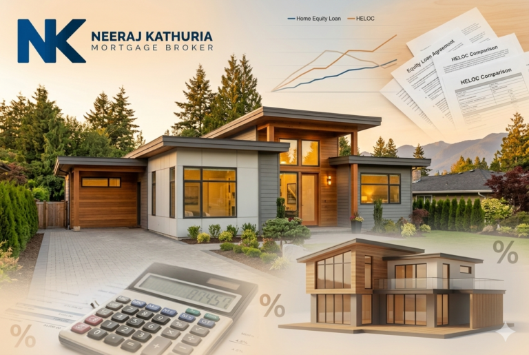 Modern Surrey home with financial documents and calculator representing Home Equity Loan Surrey and HELOC options