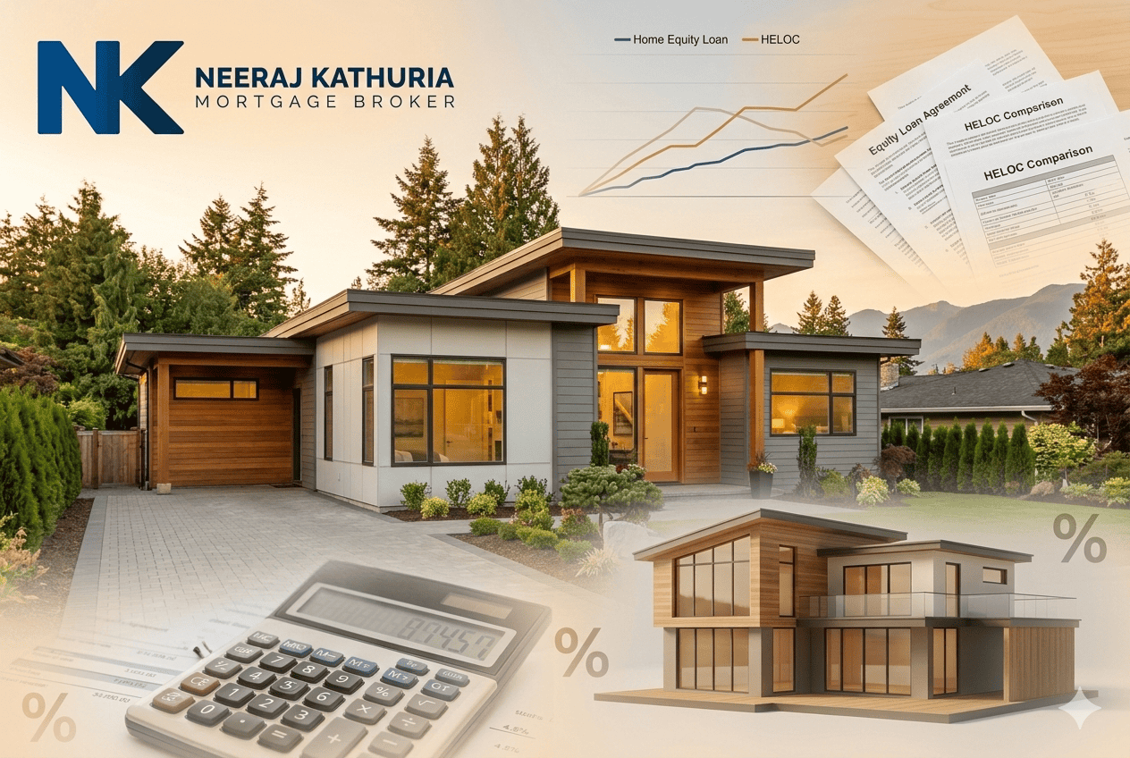 Modern Surrey home with financial documents and calculator representing Home Equity Loan Surrey and HELOC options