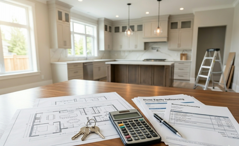 Using home equity for renovations with mortgage refinancing documents inside a modern Surrey home renovation project.
