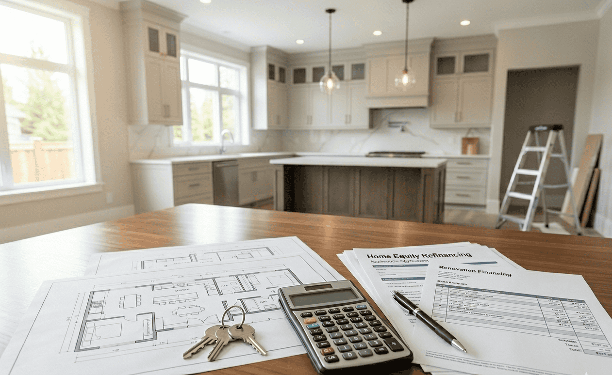 Using home equity for renovations with mortgage refinancing documents inside a modern Surrey home renovation project.